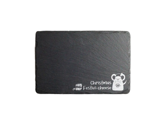 Welsh slate rectangle cheeseboard laser engraved with the words festivi-cheese